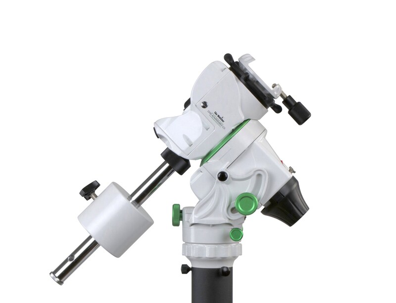 White and green equatorial telescope mount with motorized focuser and counterweight on black base.