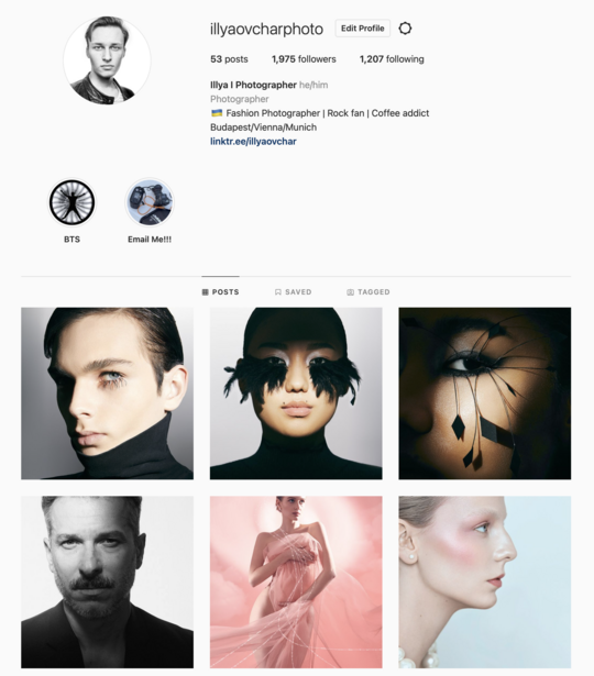 Screenshot of a photography portfolio profile page displaying six portrait photographs in a grid layout.