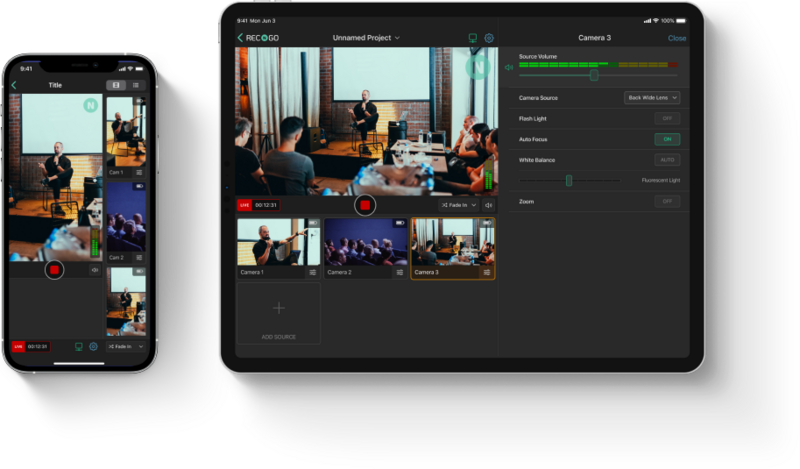 Screenshot of multi-camera video production interface showing live feeds from four cameras with controls on mobile and tablet devices.