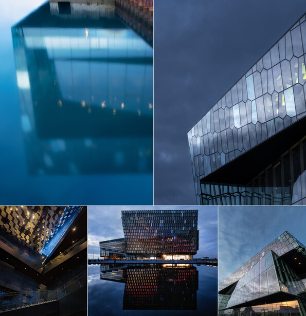 Collage of five architectural photographs showcasing modern buildings with glass facades and geometric designs.