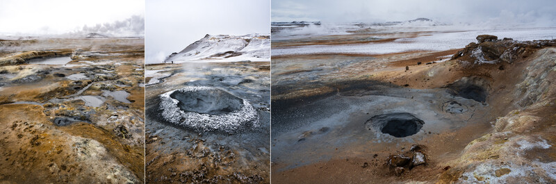 Three geothermal landscape views showing steaming vents, mineral-stained pools, and boiling mud formations across an Icelandic thermal area.