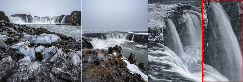 Four compositions of cascading waterfalls over dark rocky terrain with smooth water flow captured using long exposure technique.