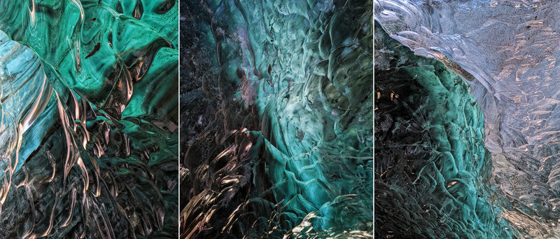 Aerial view of coastal waters with turquoise and dark swirling patterns created by sediment and currents.