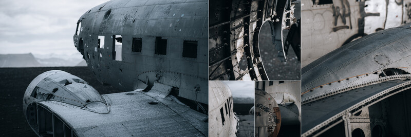 Abandoned aircraft wreckage showing weathered fuselage with broken windows and corroded metal panels.