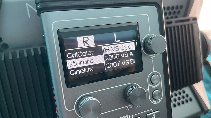 Color checker display on a digital light meter showing multiple color standards including CelColor, Bargrro, and Cinelux options.