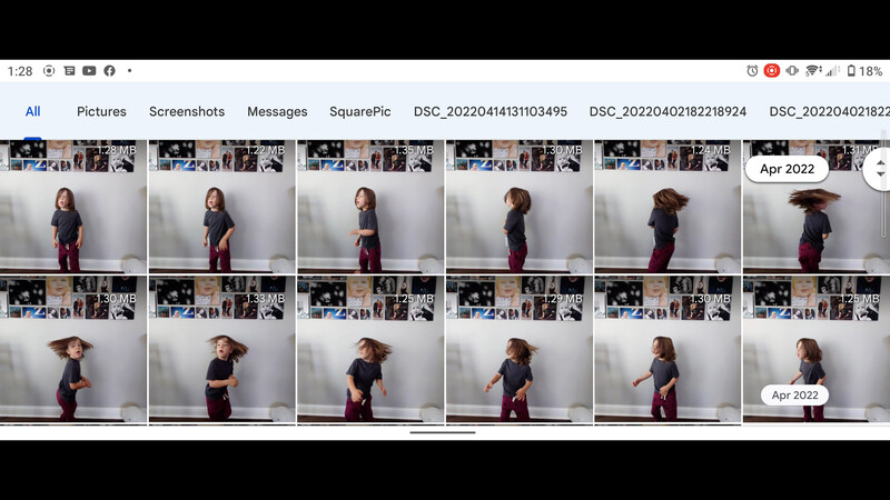 Screenshot of photo library grid showing multiple portrait shots of a person in dark top and patterned pants against white wall.