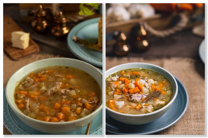 Two bowls of hearty soup with vegetables and meat in natural lighting.