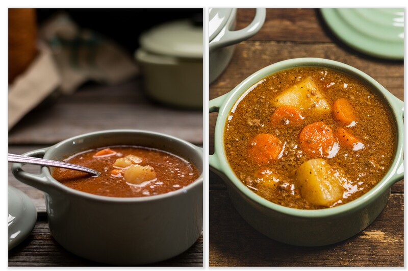 Two bowls of stew with vegetables and meat in rich brown broth, photographed side by side on a wooden surface.