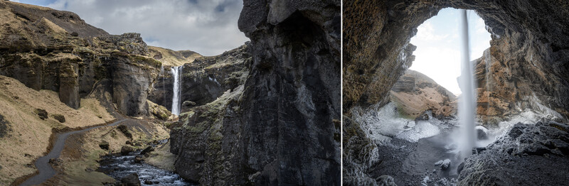 Two side-by-side views of a waterfall flowing through rocky canyon terrain with cave-like rock formations.