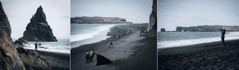 Triptych of a black sand beach with dramatic basalt rock formations and moody coastal lighting.