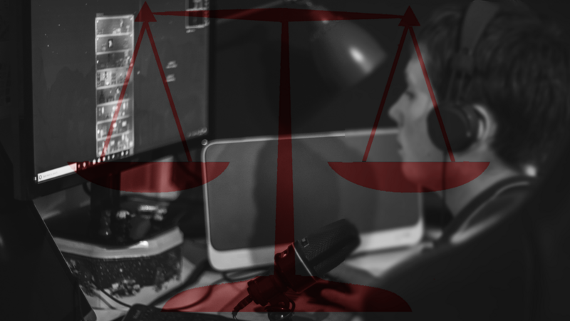Composite image overlaying scales of justice symbol in red over black and white photograph of person at computer workstation.