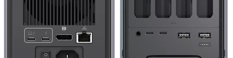 Close-up of Mac Studio rear panel showing ports including USB-C, Thunderbolt, ethernet, and USB-A connections.