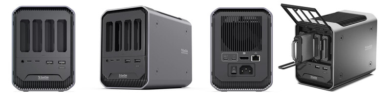 Four compact desktop computers shown from front and side angles displaying ventilation grilles and I/O ports.