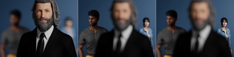 Three portrait compositions demonstrating depth of field and focus techniques with multiple figures against a blue background.