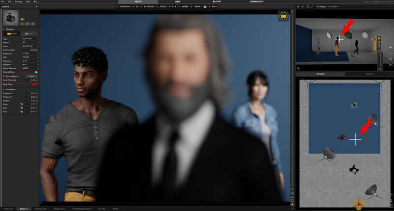 Screenshot of 3D rendering software showing three figures positioned in front of a blue backdrop with focus and depth of field effects.