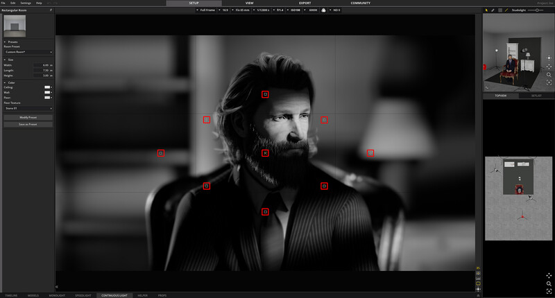 Screenshot of Lightroom showing a black and white portrait with red adjustment pins placed across the subject's face and body.