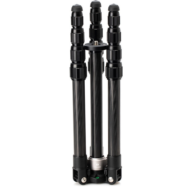 Professional tripod with extended legs and central column against white background.