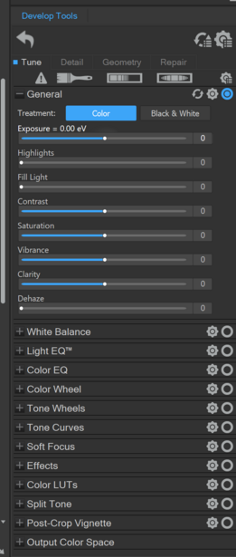 Screenshot of audio editing software showing tone and color grading controls with sliders.