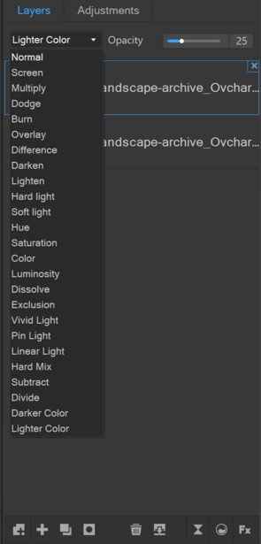 Screenshot of Photoshop Layers panel showing blend modes dropdown menu with options like Normal, Dissolve, Darken, and Multiply.