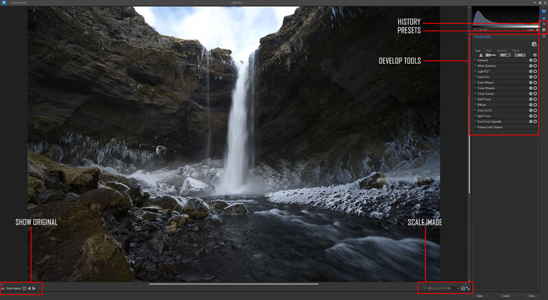 Screenshot of photo editing software displaying a winter waterfall landscape with development tools panel open.