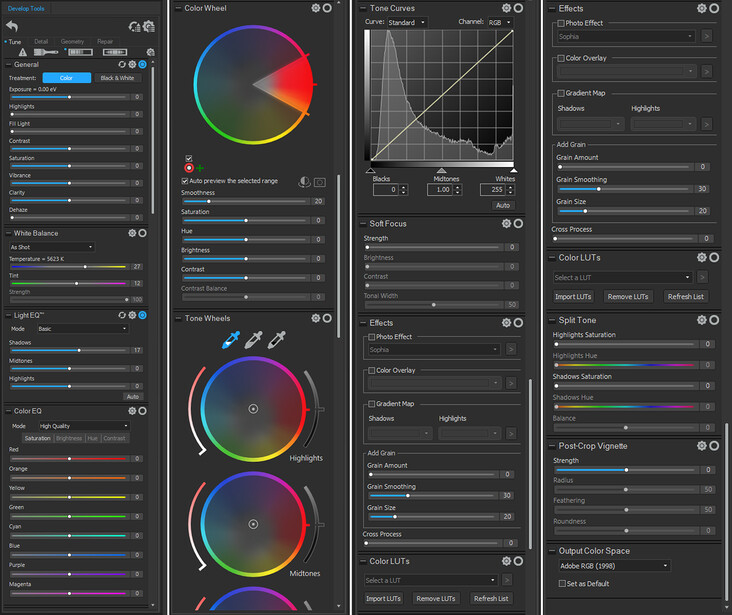 Screenshot of color grading software interface with multiple panels showing curves, wheels, and histogram adjustments.