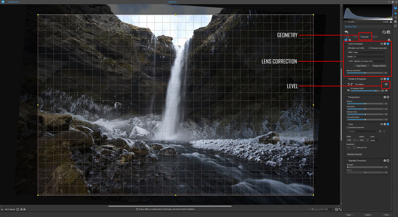 Screenshot of a landscape photography editing interface showing a waterfall scene with adjustment panels.