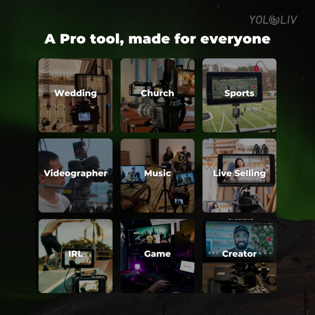 Grid graphic showing nine use cases for a professional livestreaming tool across wedding, church, sports, videography, music, live sailing, IBL, gaming, and creator applications.