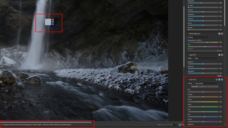 Screenshot of photo editing software showing a winter waterfall landscape with adjustment panels open on the right side.