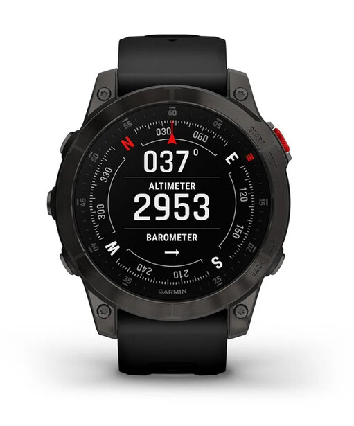 Smartwatch with black case and band displaying altitude and barometer readings on circular digital face.