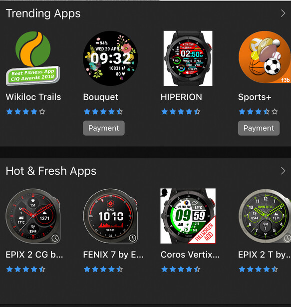 Screenshot of mobile app store displaying trending and hot fresh apps with watch face designs and utility applications.
