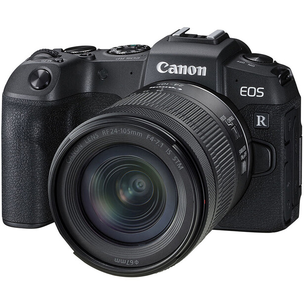 Canon EOS R mirrorless camera with RF 24-105mm kit lens attached, shown at three-quarter angle against white background.