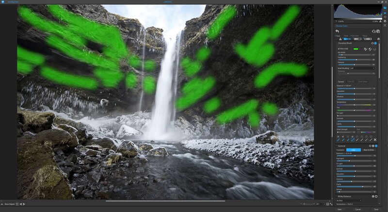 Screenshot of photo editing software showing a waterfall landscape with bright green motion blur overlays.