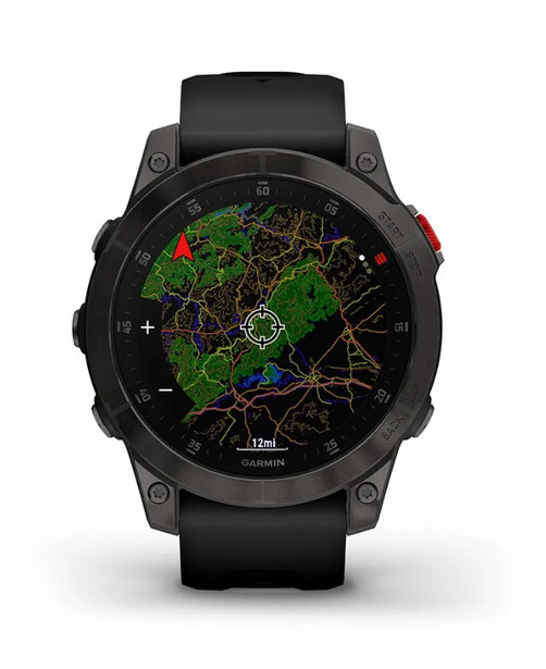 Smartwatch with black case and band displaying a colorful topographic map interface on its circular screen.