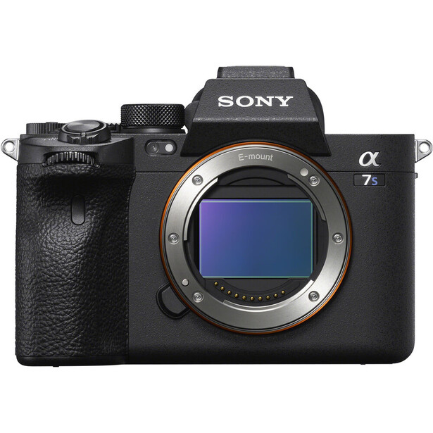 Sony α7R V mirrorless camera body shown from front with sensor and mirror assembly visible.