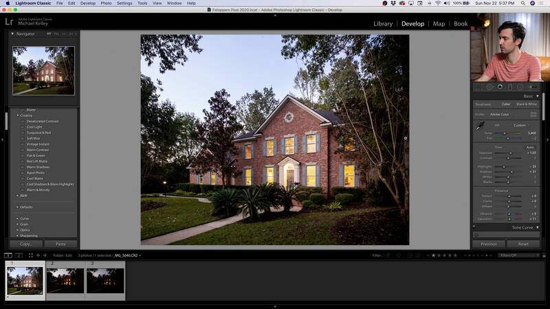 Screenshot of Lightroom Classic interface displaying a brick colonial house photographed at dusk with warm interior lighting.
