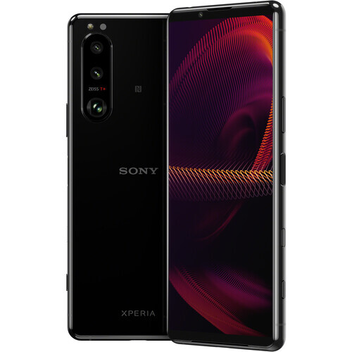 Sony Xperia smartphone with black body and triple rear camera array, displaying abstract red and purple wave pattern on screen.