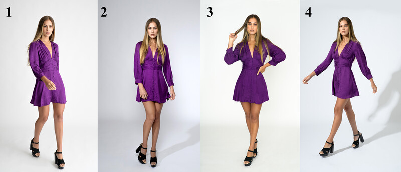 Four poses of a woman in a purple wrap dress with long sleeves, shown in full-body studio shots with black heeled sandals.