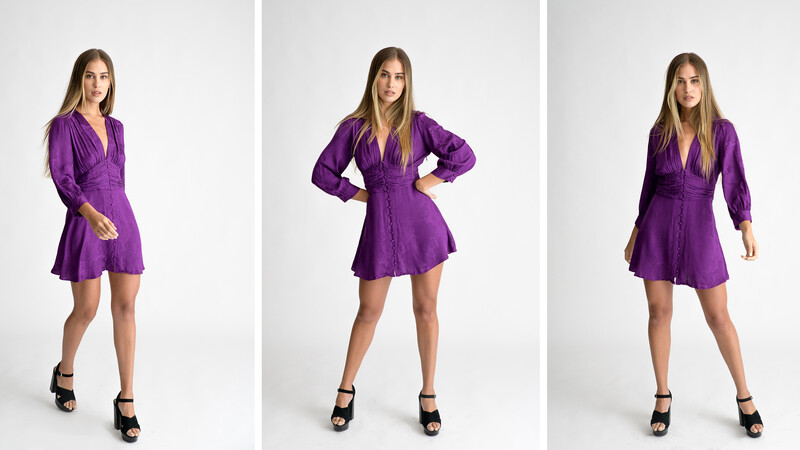 Woman in purple wrap dress photographed in three poses against white background.
