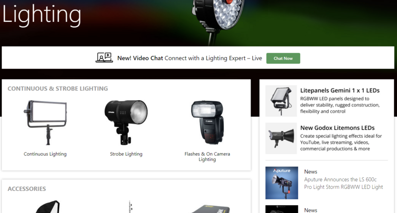 Screenshot of a lighting equipment product page displaying continuous, strobe, and flash lighting options with accessories and featured product announcements.