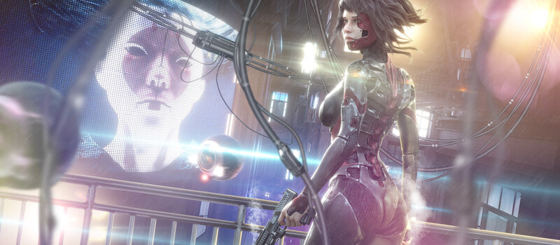 Illustration of a futuristic character in purple tactical gear standing before glowing digital displays in an urban environment.