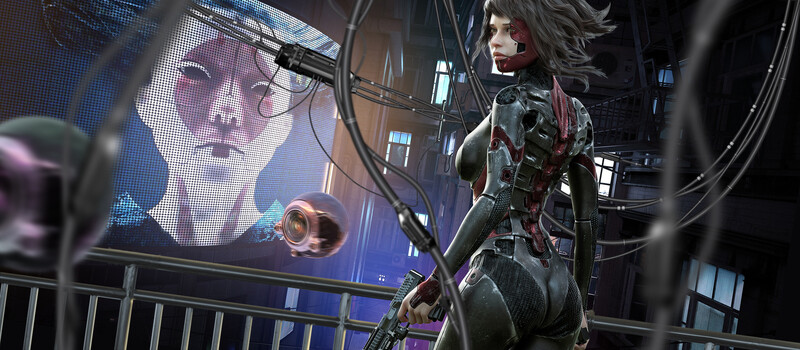 Screenshot from a sci-fi game featuring a female character in tactical gear standing before a large digital display.