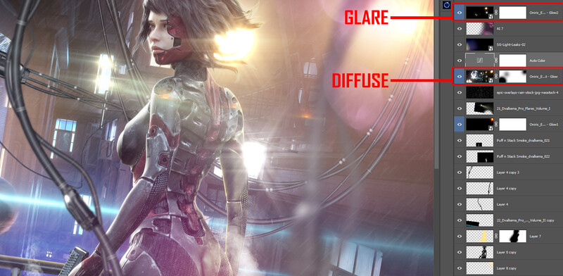 Screenshot of digital art editing software showing a sci-fi character with blare and diffuse lighting annotations.
