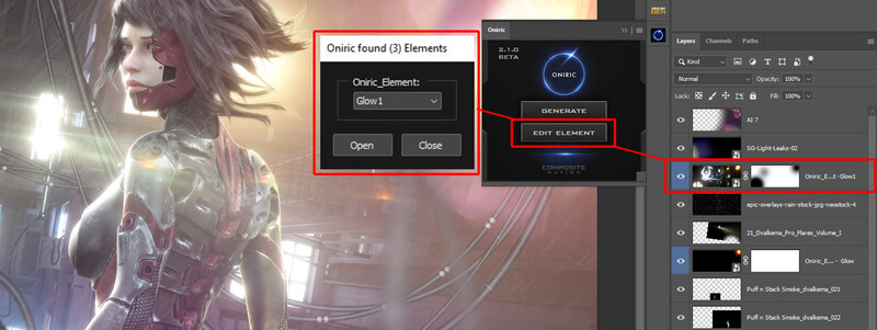 Screenshot of Onric element editing interface with character render and layers panel.