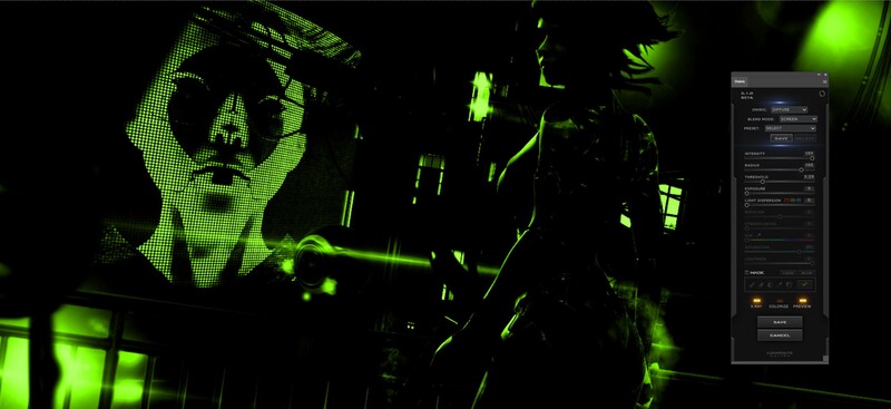 High-contrast portrait with neon green halftone effect against black background, featuring editing software panel on right side.