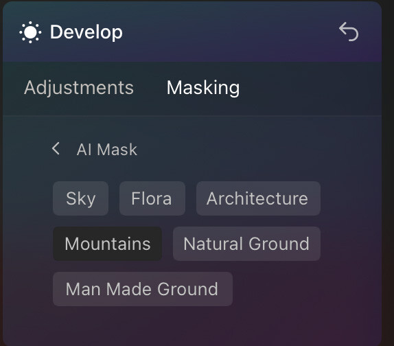 Screenshot of AI Mask masking options in photo editing software showing Sky, Flora, Architecture, Mountains, Natural Ground, and Man Made Ground selection buttons.