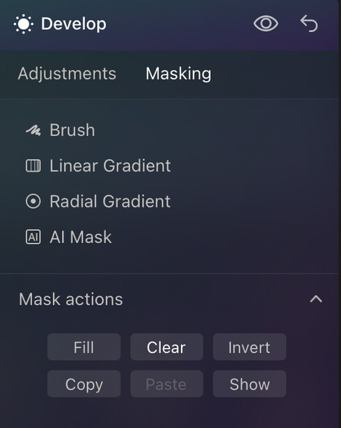 Screenshot of Develop module Masking panel showing brush, gradient, and AI mask tools with mask action buttons.