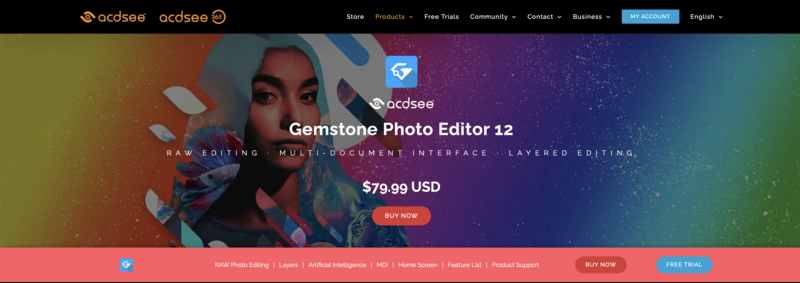 Screenshot of Gemstone Photo Editor 12 product page showing colorful gradient background with edited portrait.