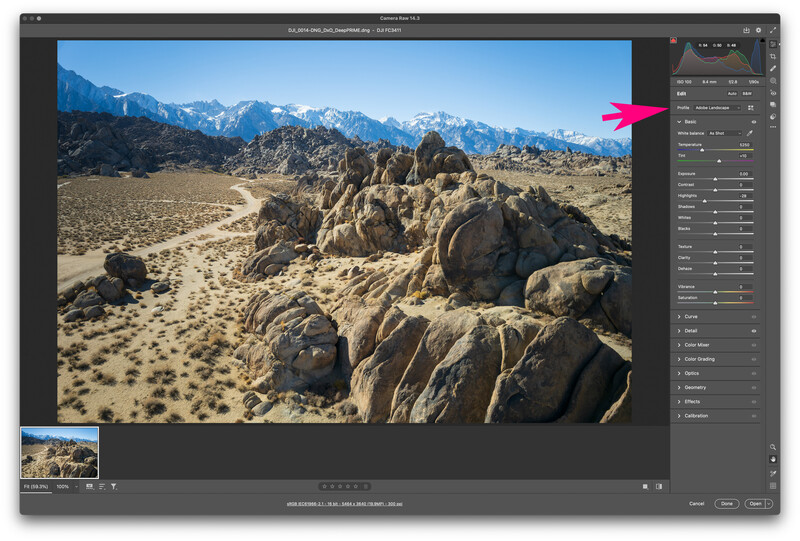 Screenshot of photo editing software displaying a desert landscape with large rock formations and snow-capped mountains.