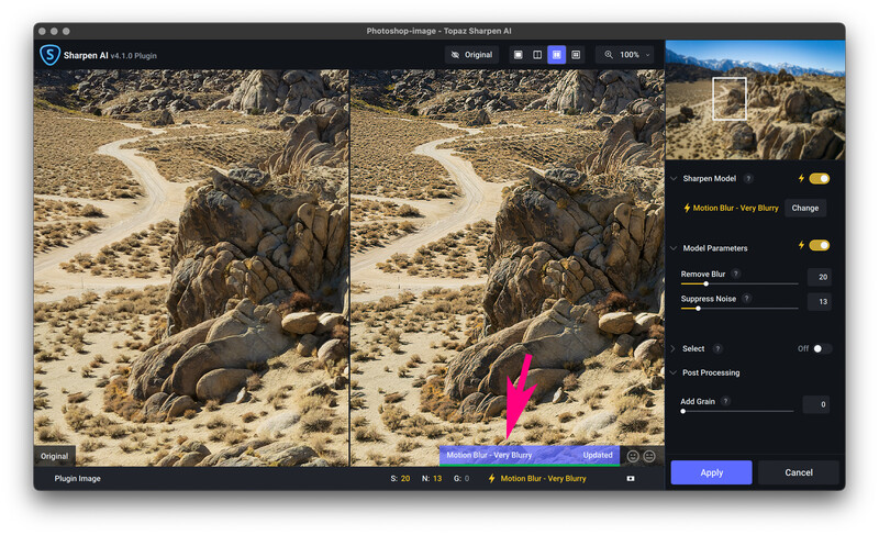 Screenshot of Photoshop's Generative Fill dialog showing before/after comparison of a desert landscape with rocks and a winding river.