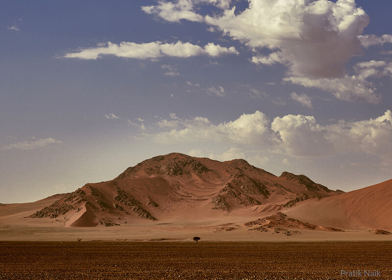 Arid desert landscape with a solitary acacia tree beneath a layered mountain formation under a partly cloudy sky.